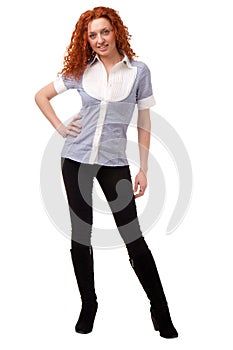 Red haired woman standing against white background