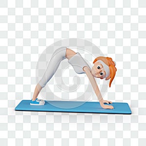 Red haired woman standing in downward dog pose. Female character is doing yoga