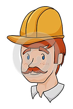 Red-haired workman face with mustache and hard hat, Vector illustration
