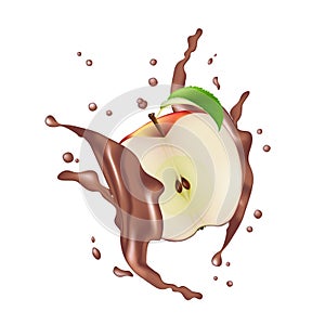 Red Half Apple Fruit Milk Chocolate Juice Yogurt Splash Illustration Isolated On White. Realistic Packaging Design Template photo