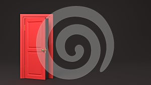 Red half open door frame in the middle of the room on black background. 3D rendered image.