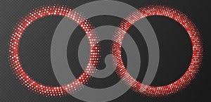 Red halftone frames, glowing circle borders, round pattern with dots, radial disco luxury design element.