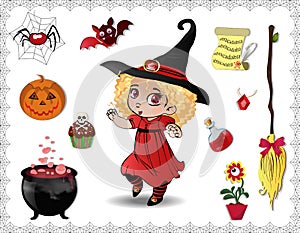 Red halloween cartoon set of objects for witches and cute witch girl on white background.