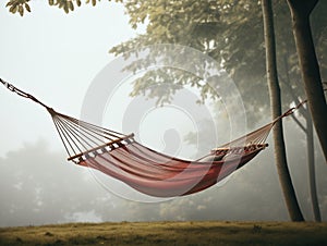 Red hammock in a misty forest. Quiet place to relax, take a break, meditate, have a nap, sleep, or dream. Generative AI