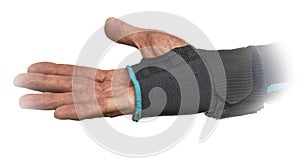 Red hand with blue new orthosis and white background