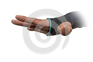 Red hand with blue new orthosis and white background