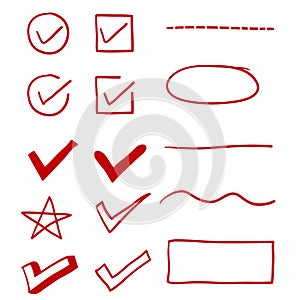 Red hand drawn check, underline and oval marker with doodle style vector