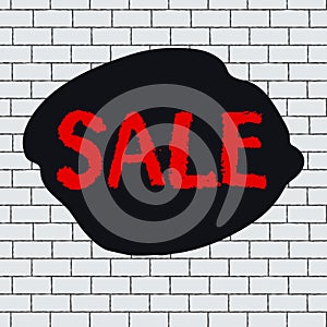 Red hand drawn graffiti sign Sale on a brick wall. Handwriting text on black stain . Vector illustration for flyer, sale,