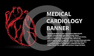 Red hand-drawn heart, medical illustration on a black background, cardiology banner vector