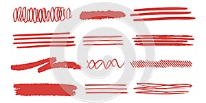Red Hand-Drawn Line And Scribble Set. Creative Design Elements Collection. Isolated Vector Illustration