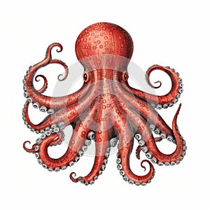 Red Hand Drawn Octopus Illustration: Detailed Shading, Uhd Image, Vintage Stamp