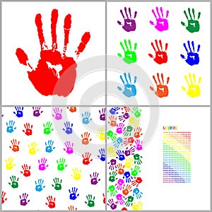 Red hand print on white background vector Seamless pattern set
