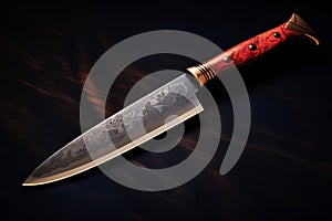 Red-handled knife on black surface