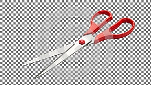 Red-handled scissors on checkered background