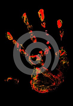 Red handprint on black background