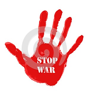 Red handprint with the words STOP WAR