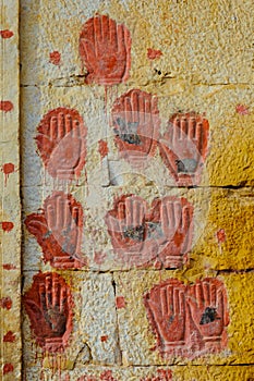 Red hands of the women who committed Sati, Rajasthan, India