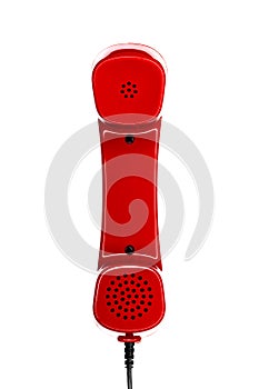 Red handset of a vintage eighties phone isolated on a white background 