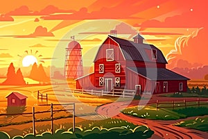 Red hangar at the farmers field to the mill on agricultural land, natural landscape with green field and posevochnym the sunset wi