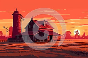 Red hangar at the farmers field to the mill on agricultural land, natural landscape with green field and posevochnym the sunset wi