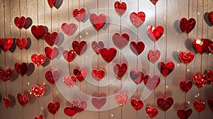 Red hanging hearts on string with bokeh lights in the background