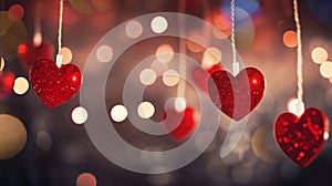 Red hanging hearts on string with bokeh lights in the background