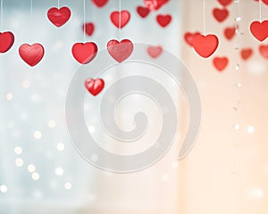 Red hanging hearts on string with bokeh lights in the background