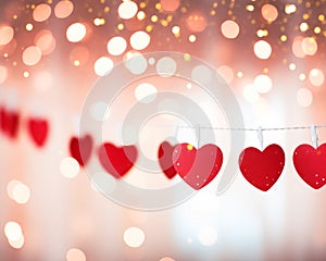 Red hanging hearts on string with bokeh lights in the background