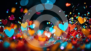 Red hanging hearts on string with bokeh lights in the background