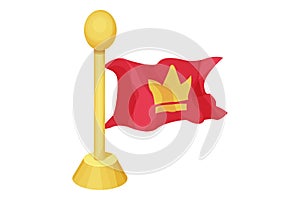 Red hanging medieval flag with golden crown in cartoon style isolated on background. Ui game asset, heraldic design