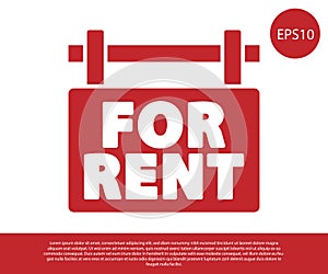 Red Hanging sign with text For Rent icon isolated on white background. Signboard with text For Rent. Vector