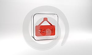 Red Hanging sign with text Sale icon isolated on grey background. Signboard with text Sale. Glass square button. 3d