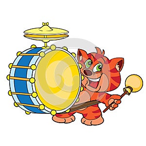 red happy cat knocks on a big yellow drum, isolated object on a white background, cartoon, vector