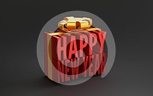 Red happy new year wording with golden ribbon and bow on black background for preparation to change business year by 3d render