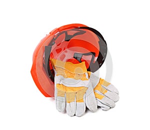 Red hard hat with leather gloves.
