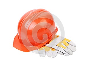 Red hard hat with leather gloves.