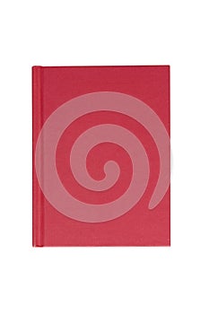 Red hardback book on white background from above