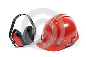 Red Hardhat And Ear Protector Isolated On White
