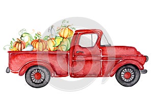Red harvest truck with pumpkins Thanksgiving watercolor illustration