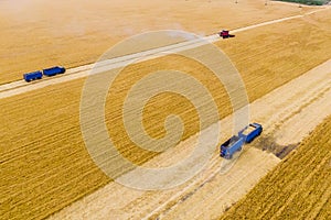 Red harvesters and two blue track harvests wheat