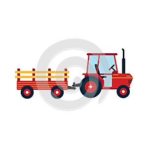 Red harvesting tractor with semi-trailer icon sign isolated on white background