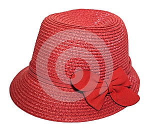 Red hat with bow for ladies on a white background