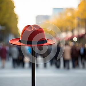 Red hat pops on pole, a standout in bustling crowd