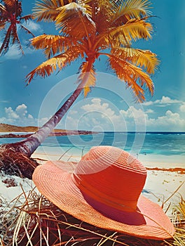 A red hat rests under a palm tree on the beach with azure sky and calm waters