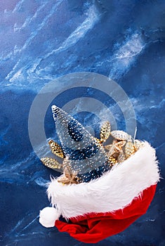 Red hat of Santa Claus and decorative tree and cones on deep blue murmur background
