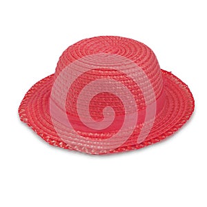 Red hat on a white background. Pretty straw hat.