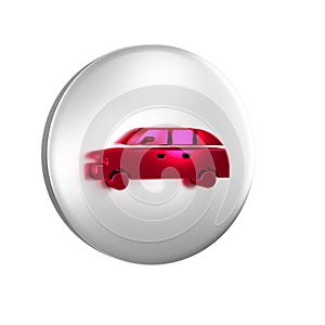 Red Hatchback car icon isolated on transparent background. Silver circle button.