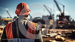 The Red-Hatted Worker Orchestrating Construction\'s Grand Choreography photo