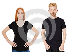 Red-head man and girl standing in stylish black tshirt mock up isolated, t-shirt close up background