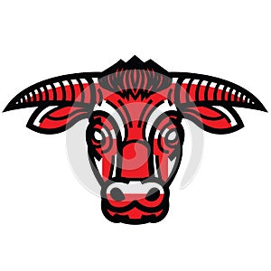 Red head of powerful horned bull